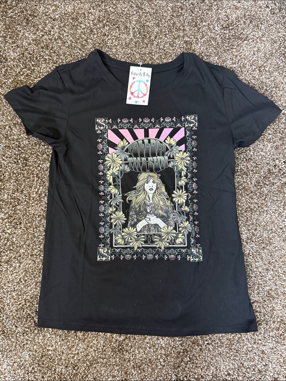 Graphic Black Tee with Floral Retro Print